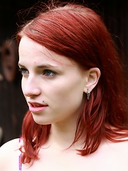 This redhead cutie has masturbated outdoors before, but never in the middle of a front lawn like she is today. She`s out in the open, rubbing her clit